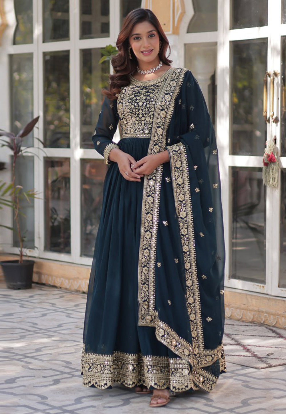 Blue Faux Georgette Readymade Anarkali Suit 309526