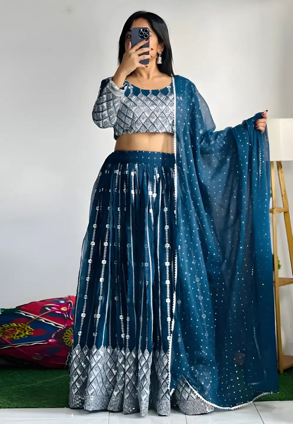 Blue Faux Georgette Readymade Circular Lehenga Choli 294695