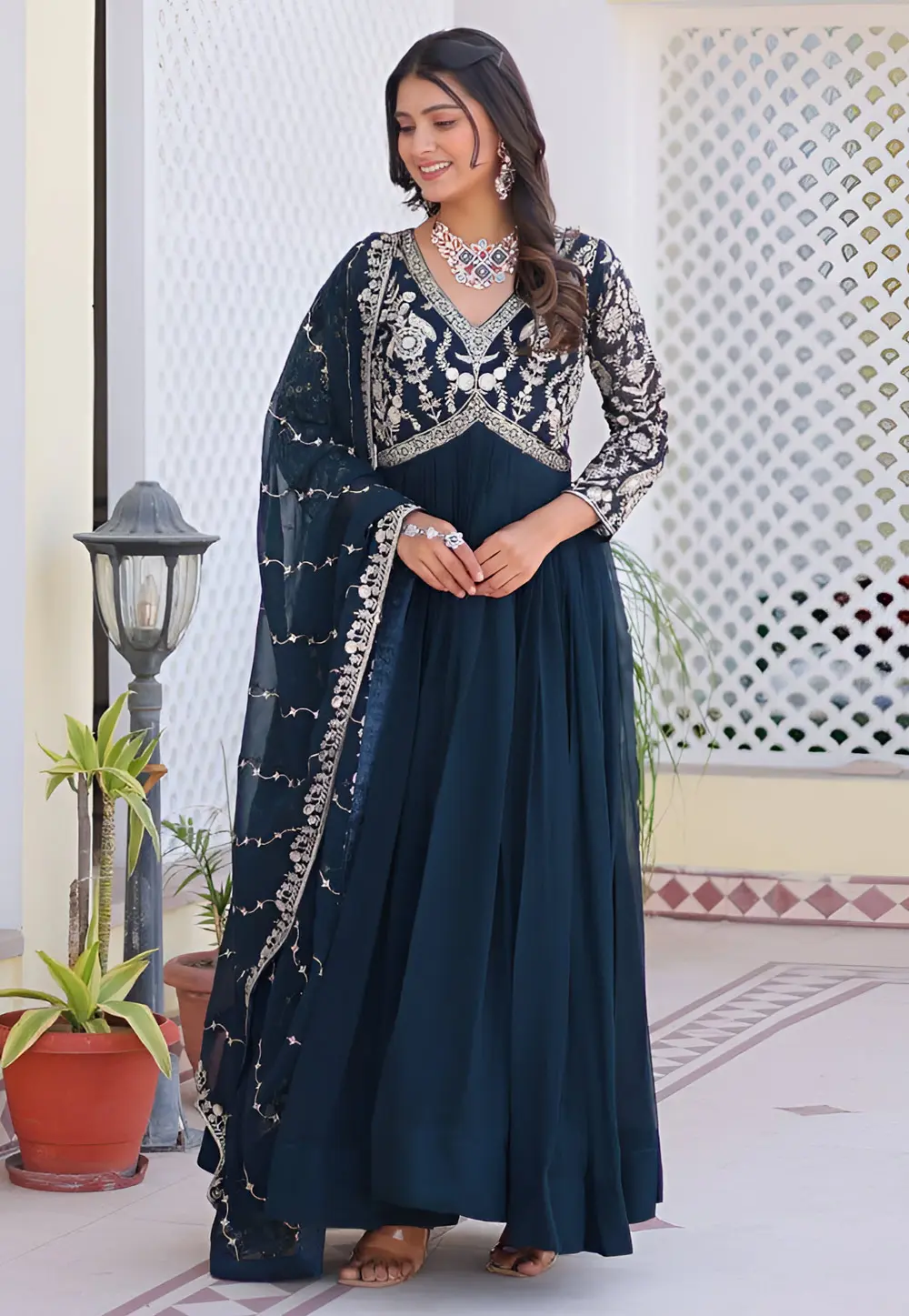 Blue Faux Georgette Readymade Long Anarkali Suit 298666