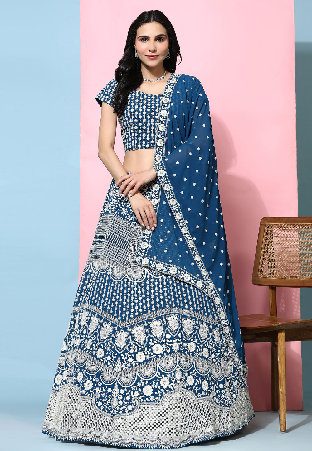 Blue Georgette A Line Lehenga Choli 287607