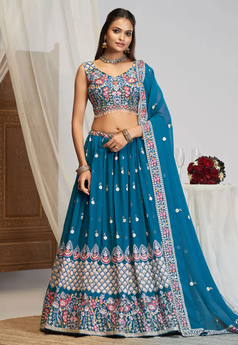 Blue Georgette Circular Lehenga Choli 296467