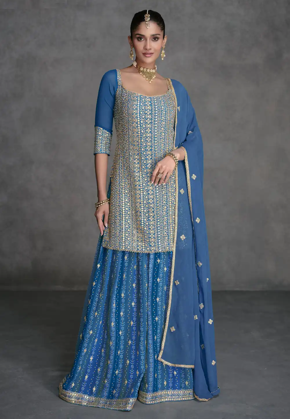 Blue Georgette Embroidered Palazzo Suit 292331