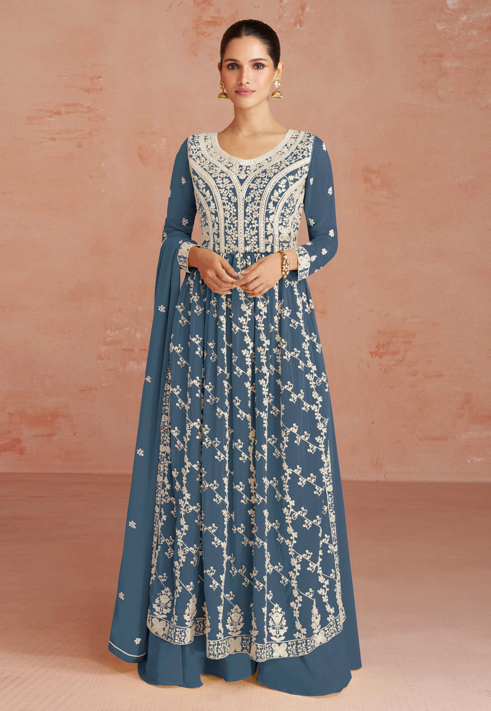 Blue Georgette Embroidered Palazzo Suit 278354