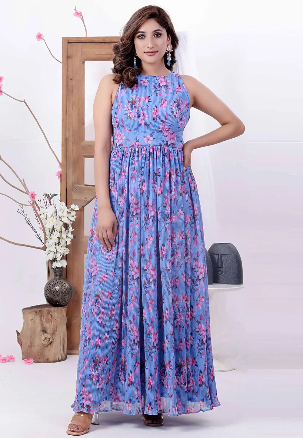 Blue Georgette Printed Gown 299667