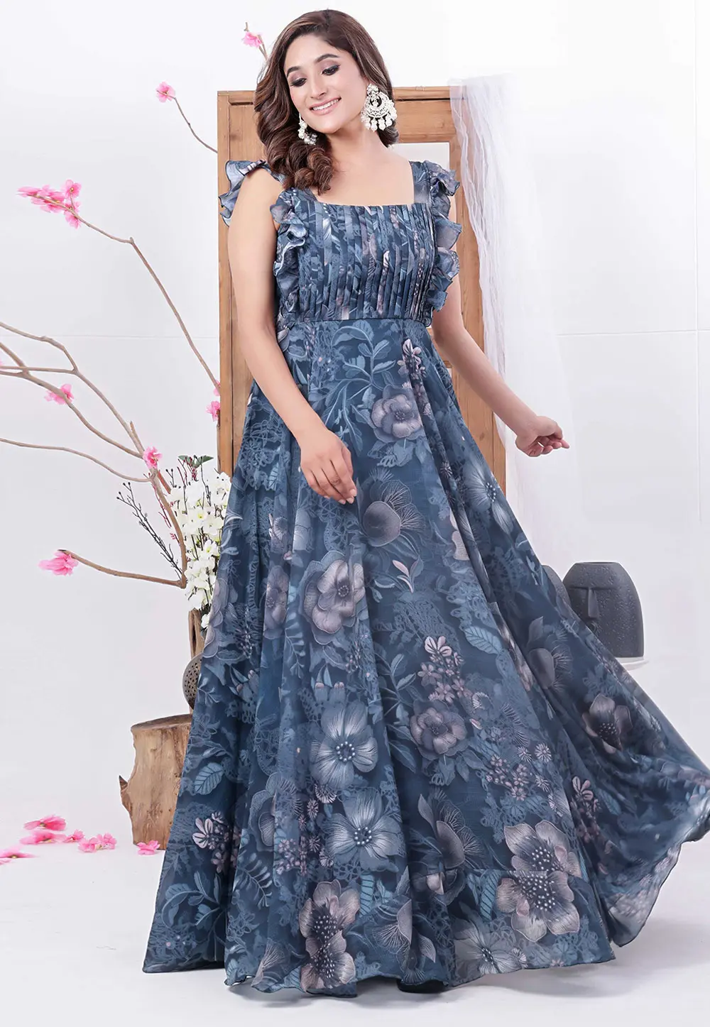 Blue Georgette Printed Gown 299669