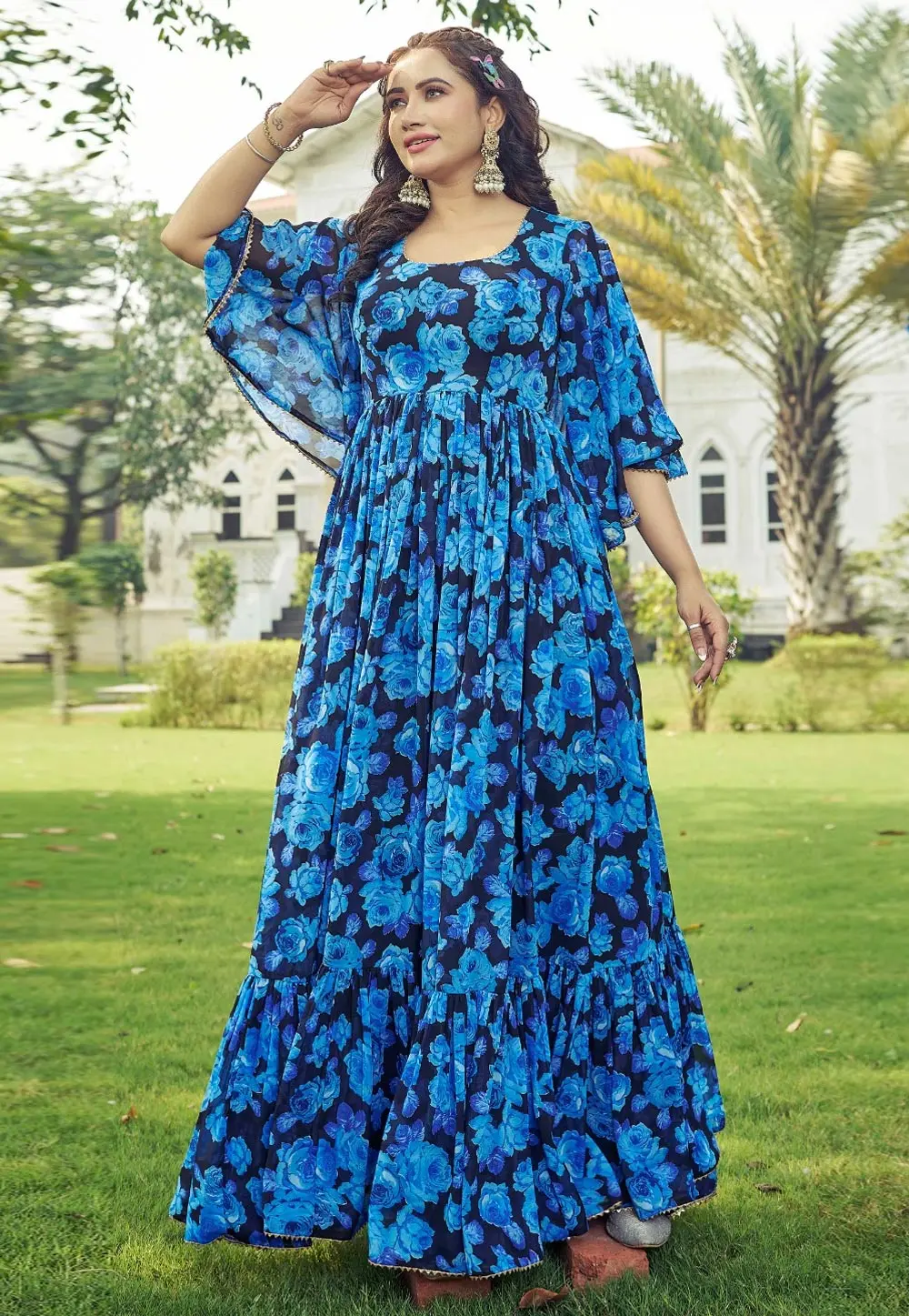 Blue Georgette Printed Gown 303980