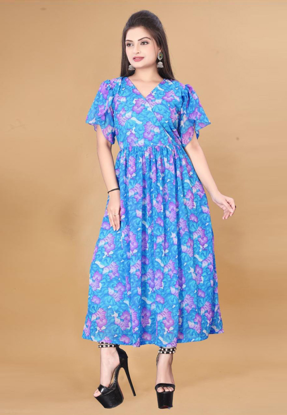 Blue Georgette Printed Gown 285723