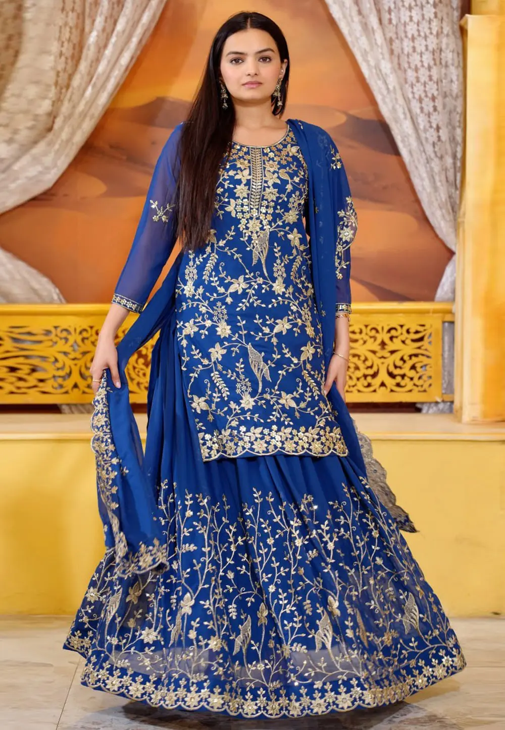 Blue Georgette Readymade Long Choli Lehenga 301642