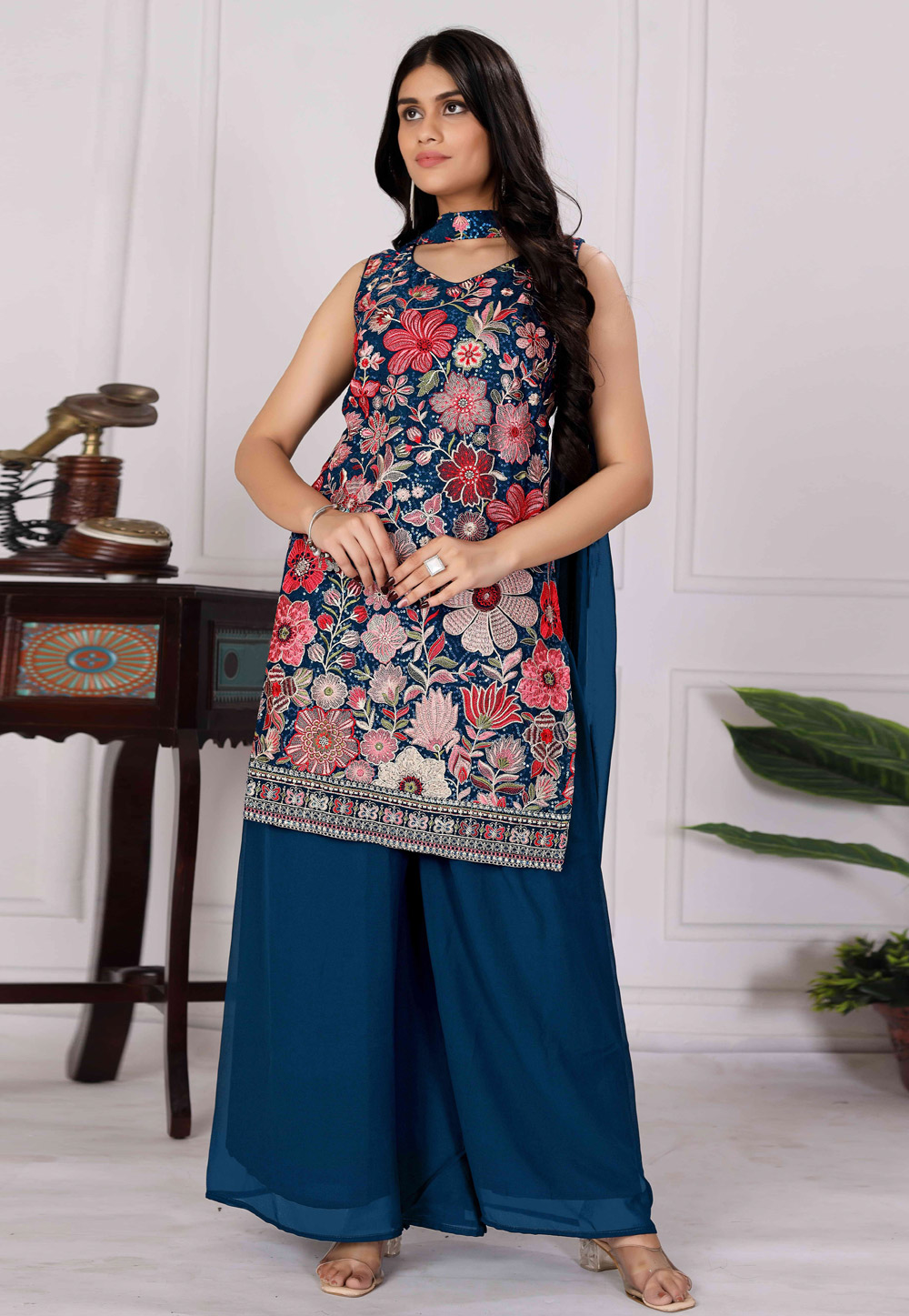 Blue Georgette Readymade Palazzo Suit 310350
