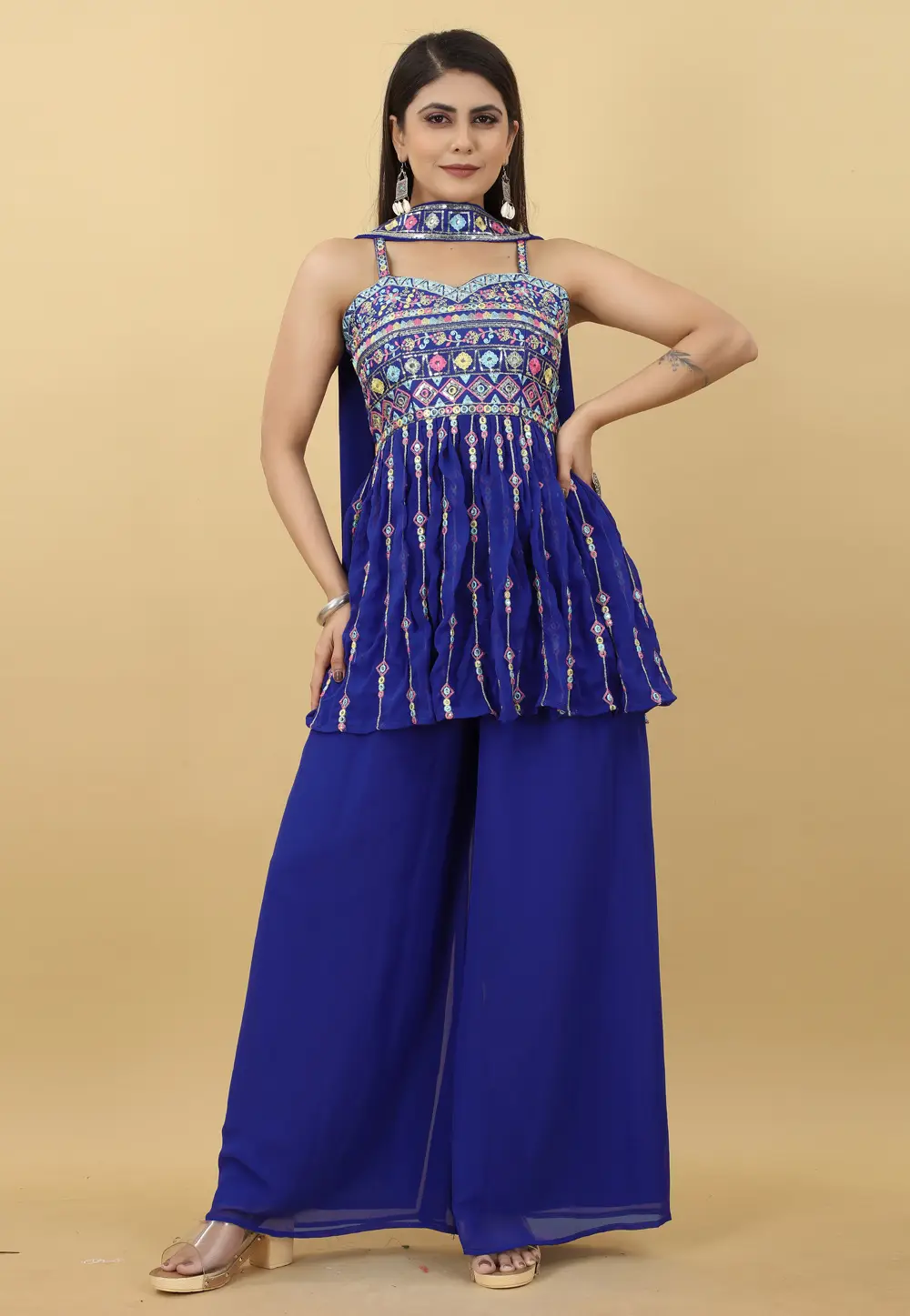 Blue Georgette Readymade Palazzo Suit 297192