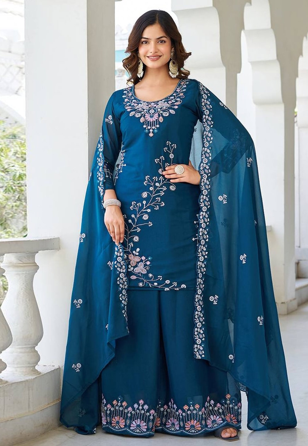 Blue Georgette Readymade Palazzo Suit 310772