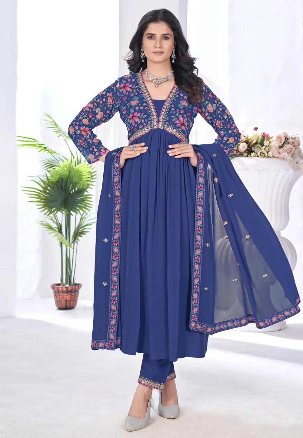 Blue Georgette Readymade Pant Style Suit 303196