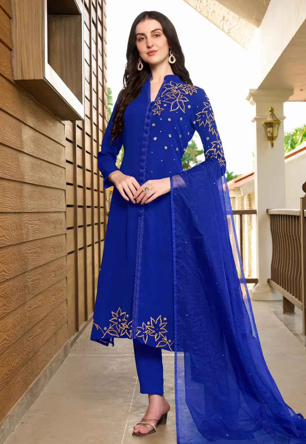 Blue Georgette Readymade Pant Style Suit 303333