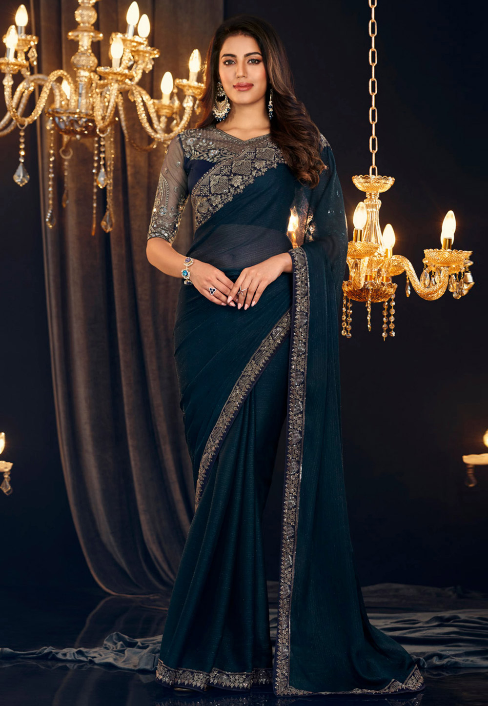 Blue Georgette Shimmer Saree With Blouse 286511