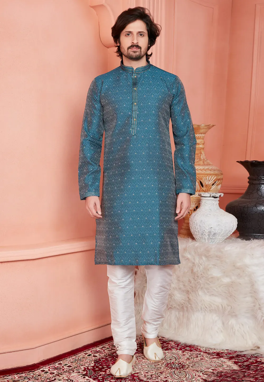 Blue Jacquard Banarasi Kurta Pajama 304311