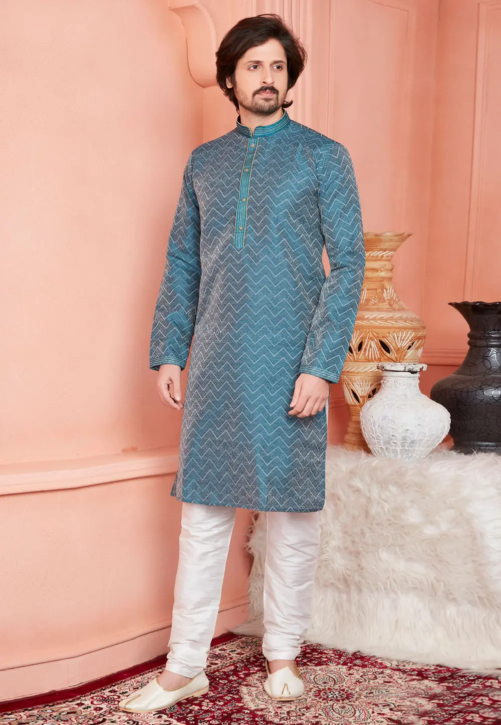 Blue Jacquard Banarasi Kurta Pajama 304314