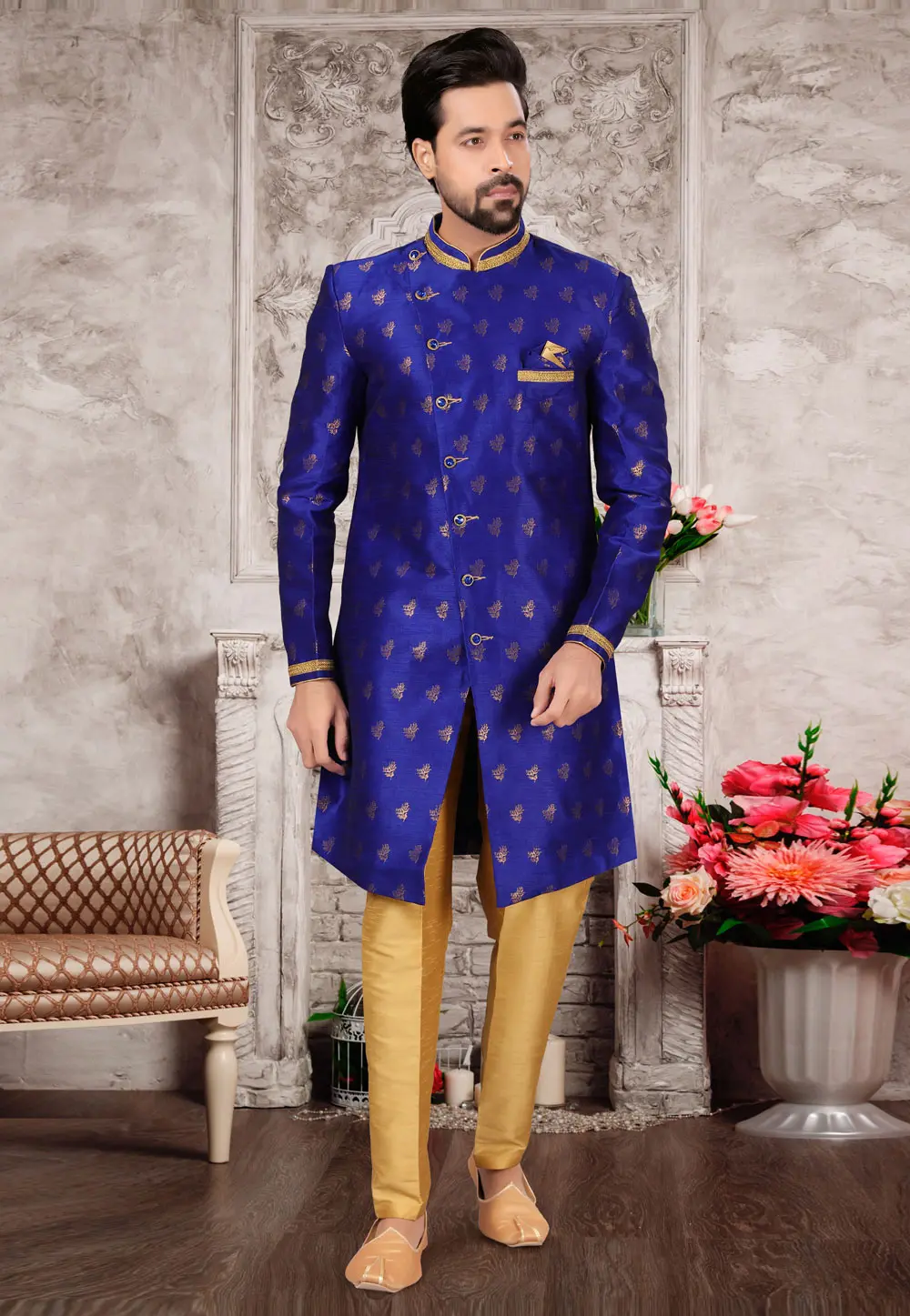 Blue Jacquard Indo Western Suit 302949