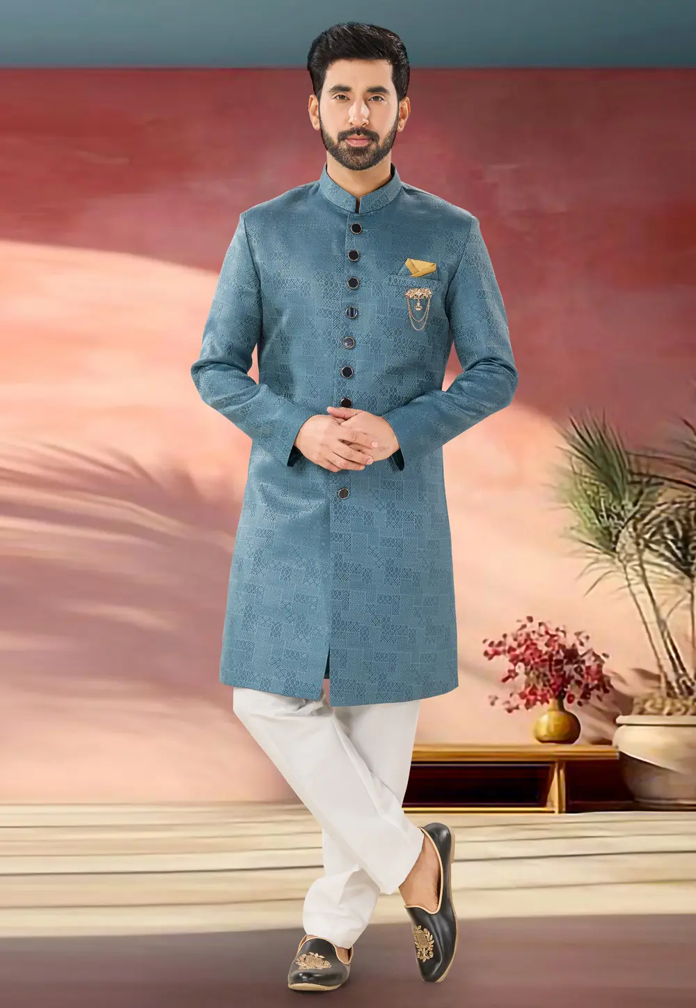 Blue Jacquard Indo Western Suit 301867