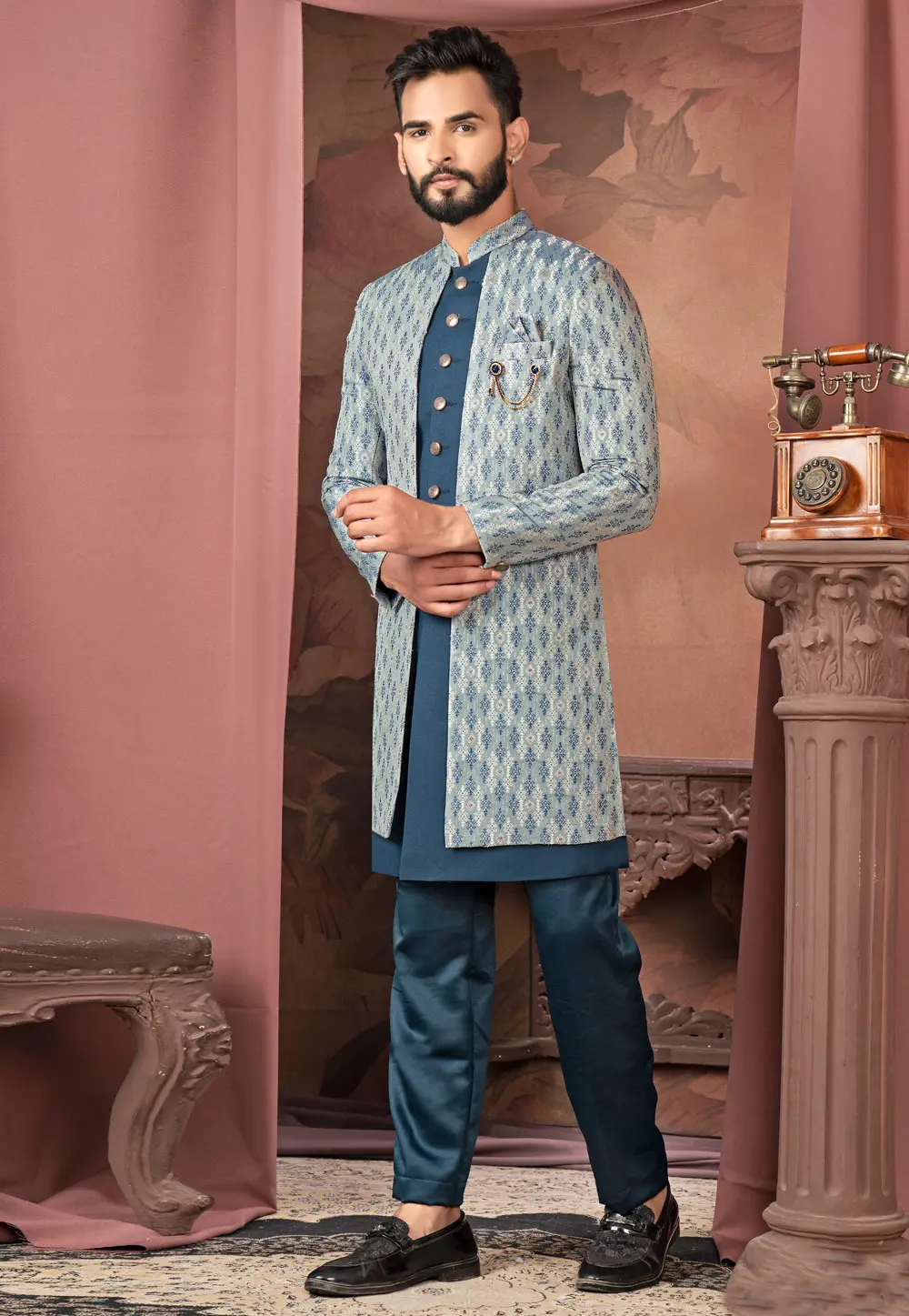 Blue Jacquard Jacket Style Sherwani 302461