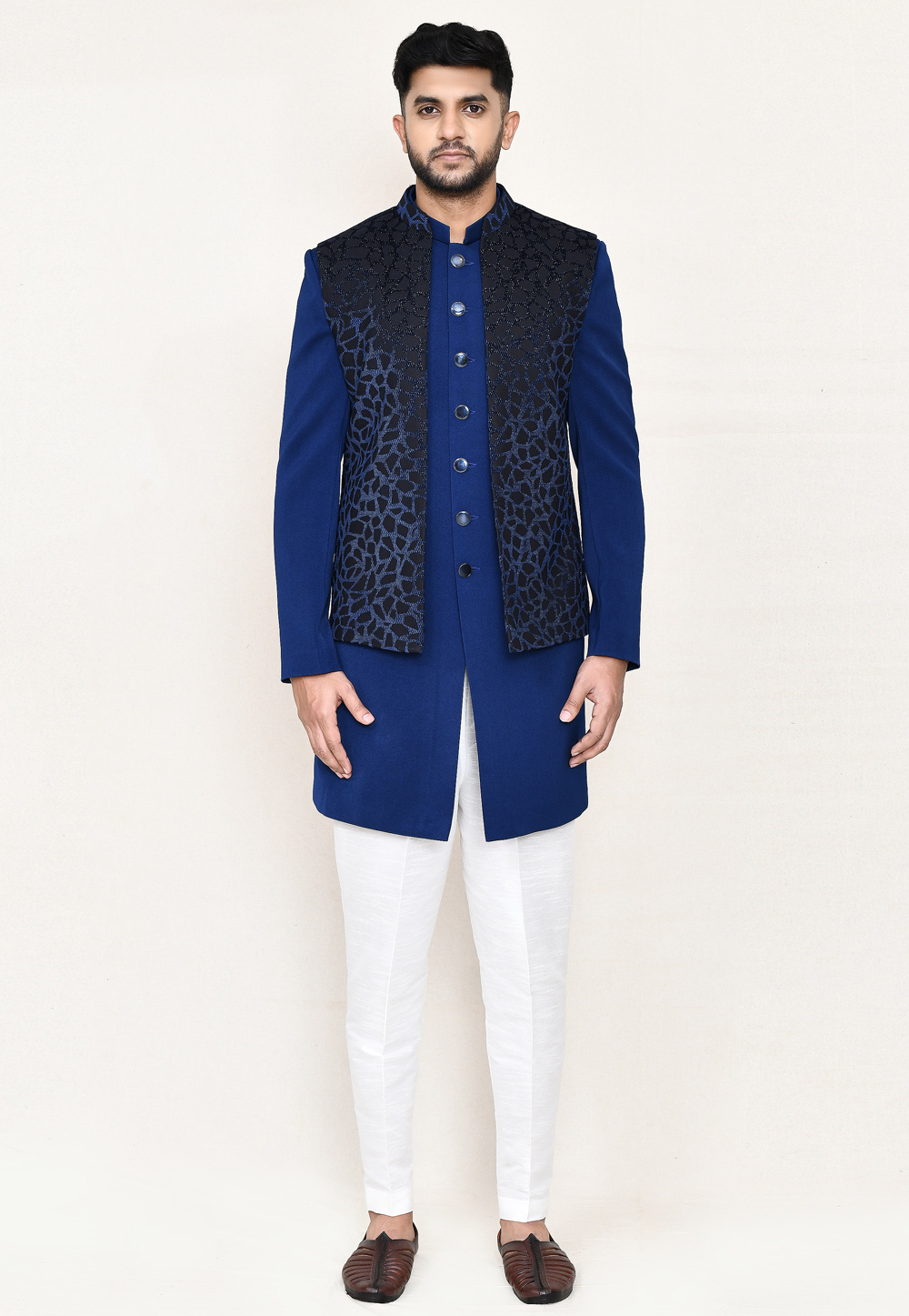 Blue Jacquard Jacket Style Sherwani 306100