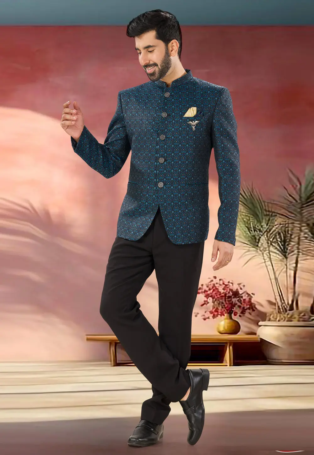 Blue Jacquard Jodhpuri Suit 302180