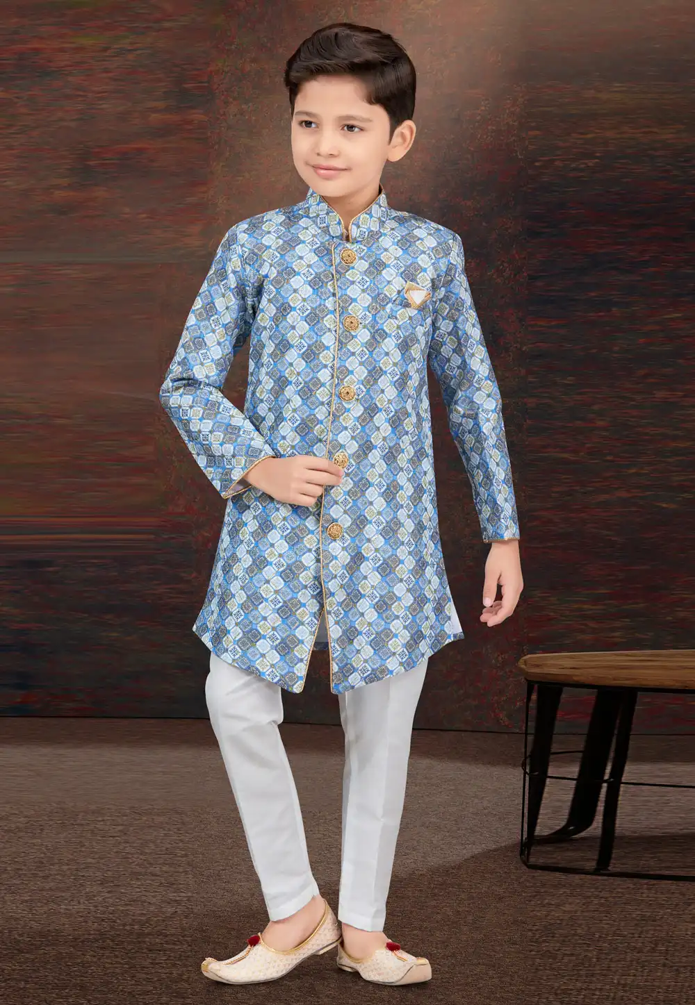 Blue Jacquard Kids Indo Western Sherwani 294925