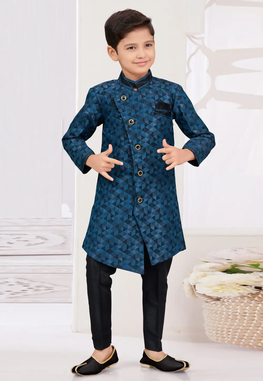 Blue Jacquard Kids Indo Western Sherwani 294935