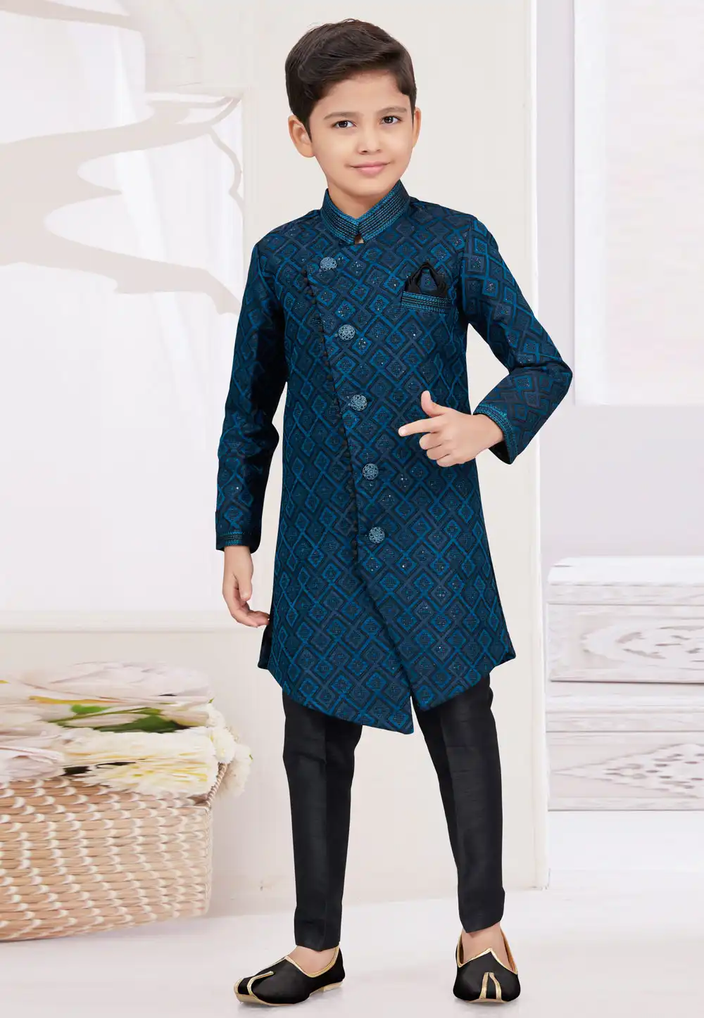 Blue Jacquard Kids Indo Western Sherwani 294940