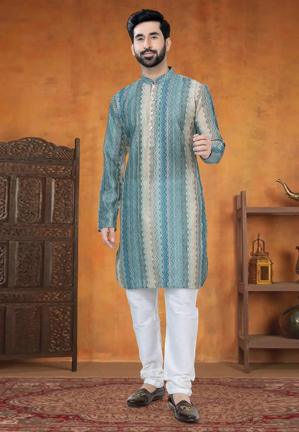 Blue Jacquard Kurta Pajama 295014