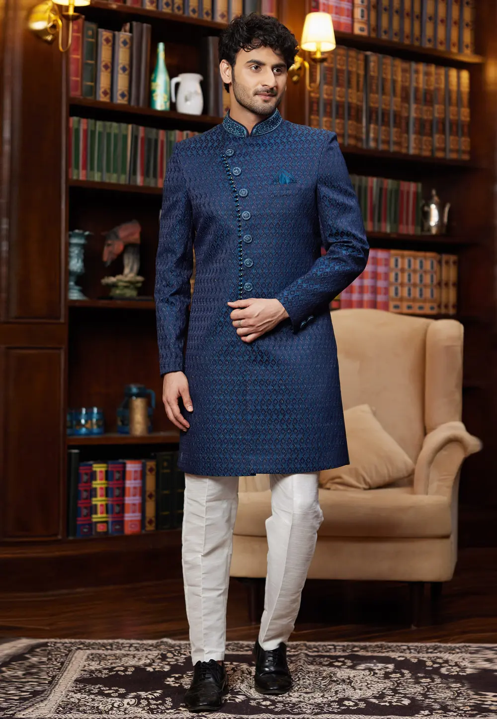 Blue Jacquard Silk Indo Western Sherwani 302230