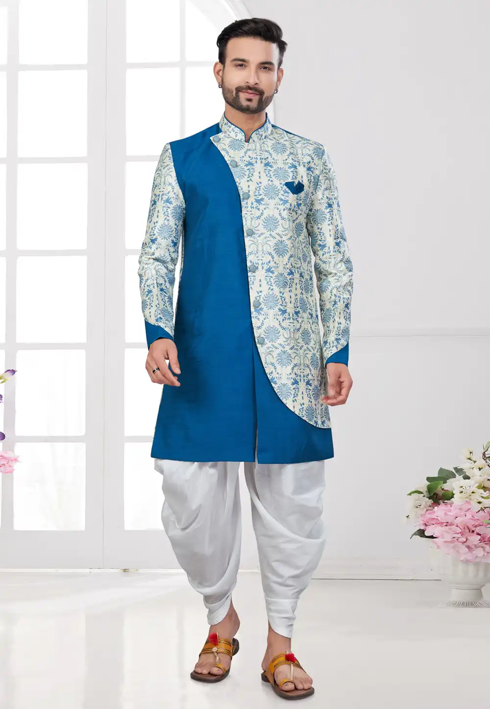 Blue Jacquard Silk Indo Western Suit 294587