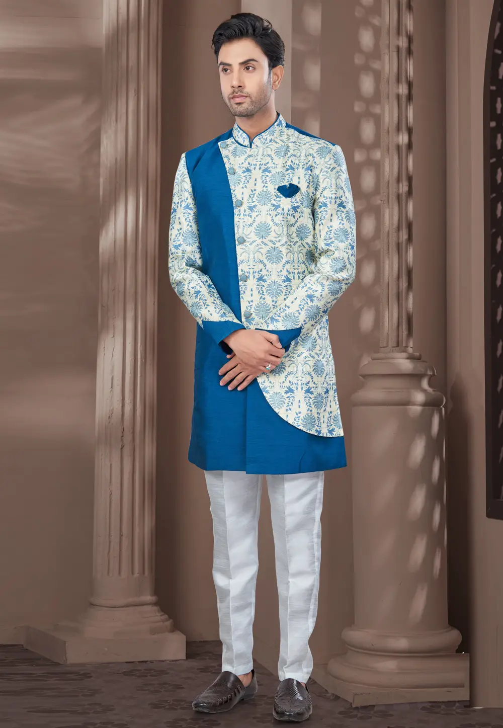 Blue Jacquard Silk Indo Western Suit 295616