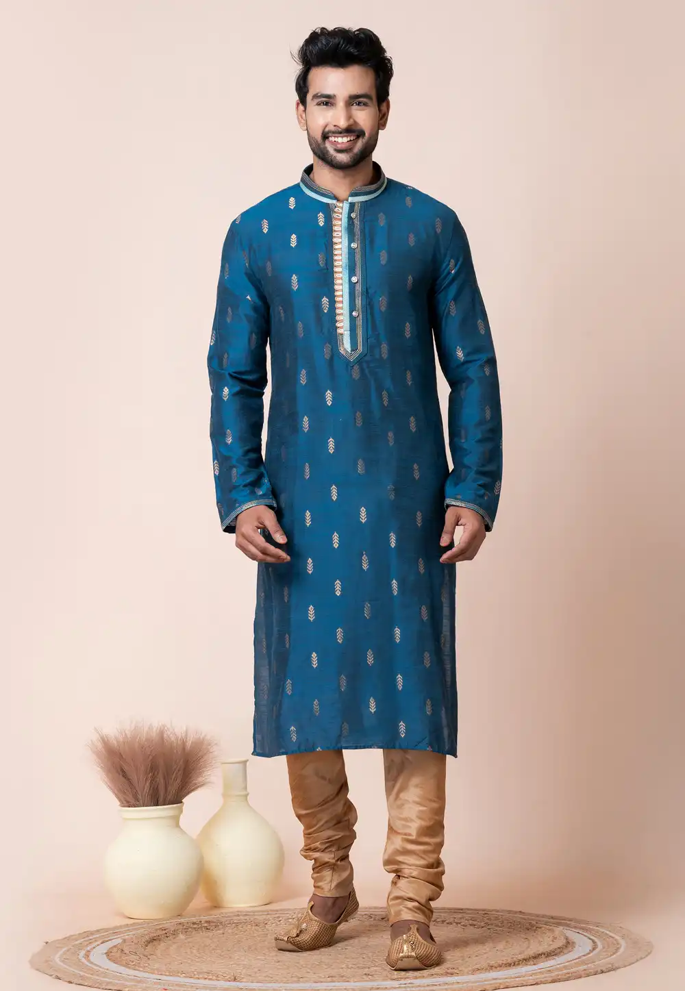 Blue Jacquard Silk Kurta Pajama 294312