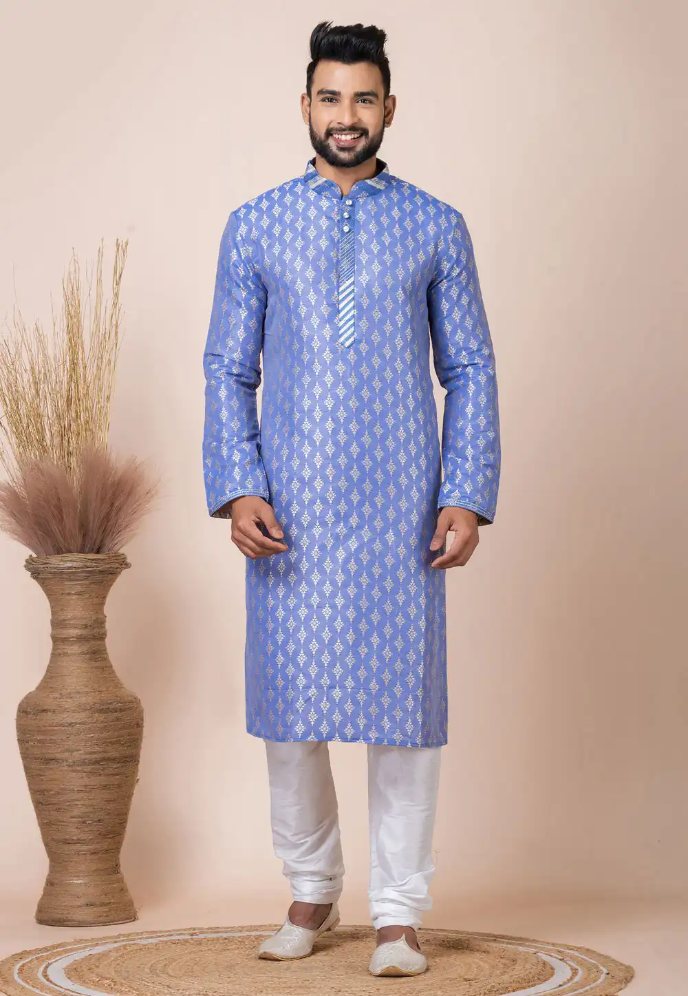 Blue Jacquard Silk Kurta Pajama 293935