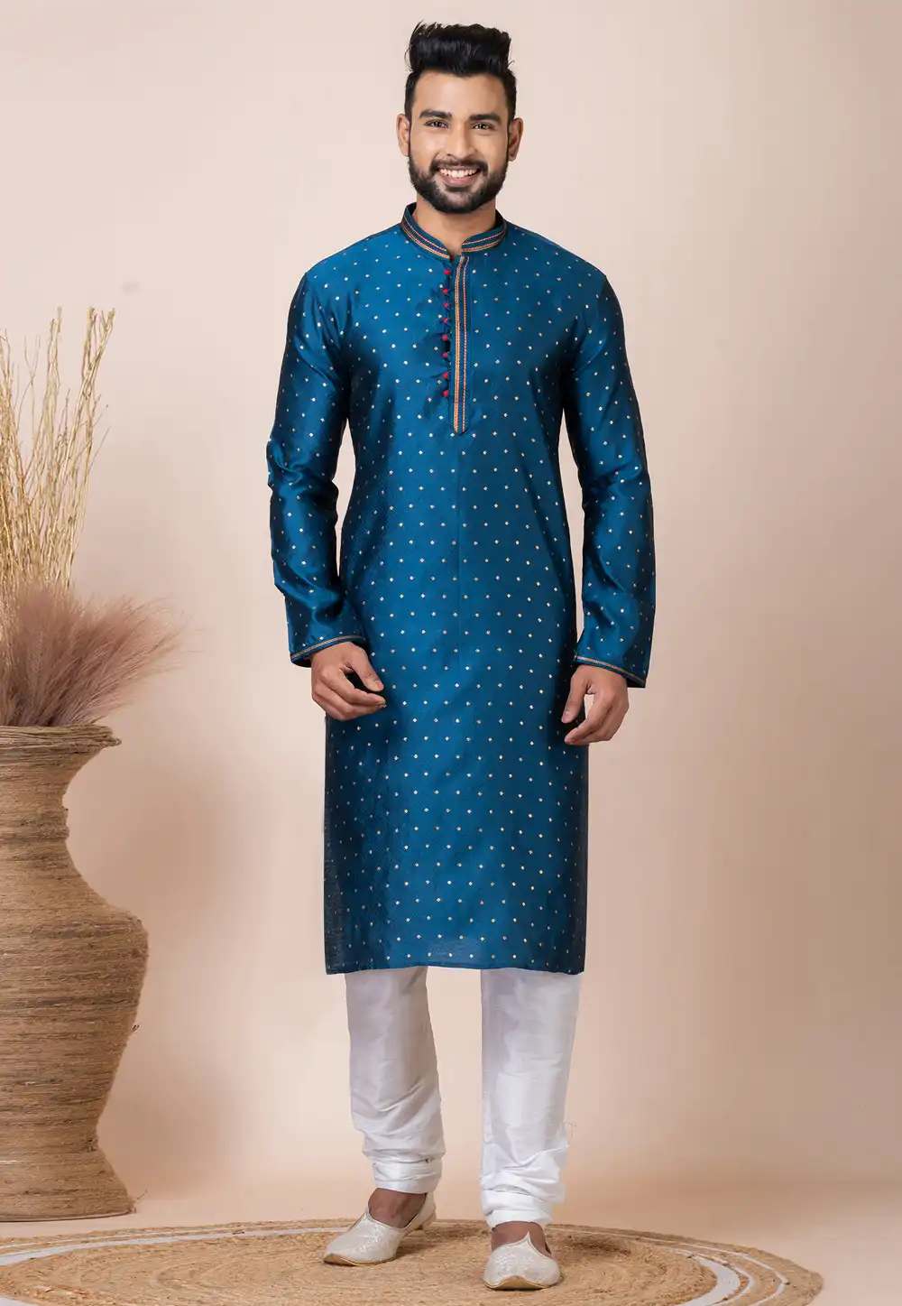 Blue Jacquard Silk Kurta Pajama 293948