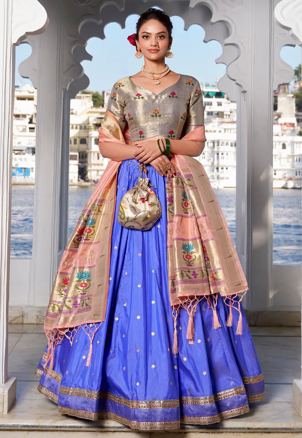 Blue Jacquard Silk Lehenga Choli 303673