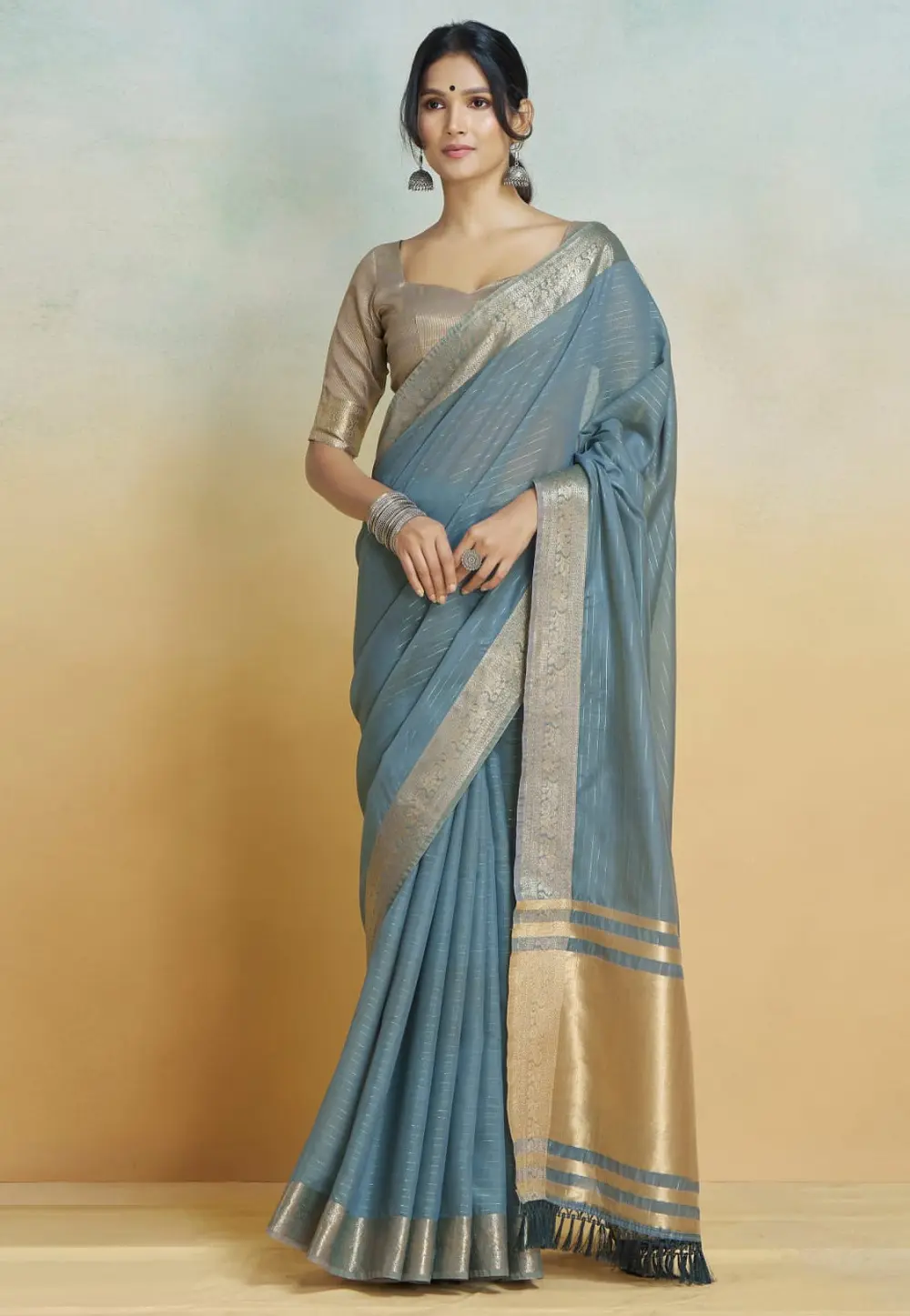 Blue Khadi Saree With Blouse 297255