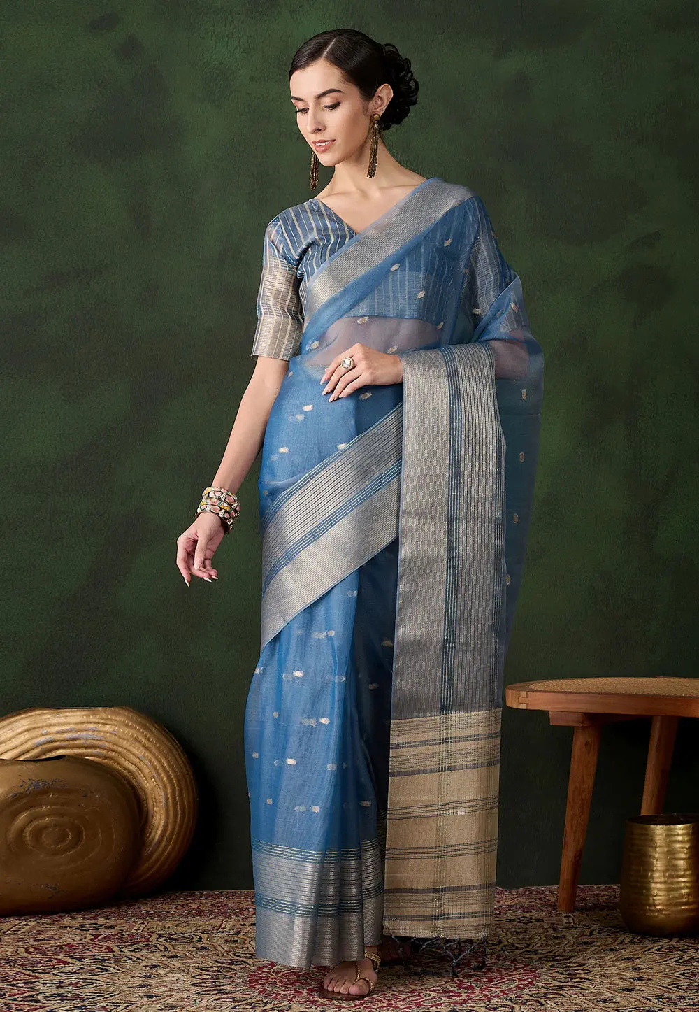 Blue Khadi Saree With Blouse 299217