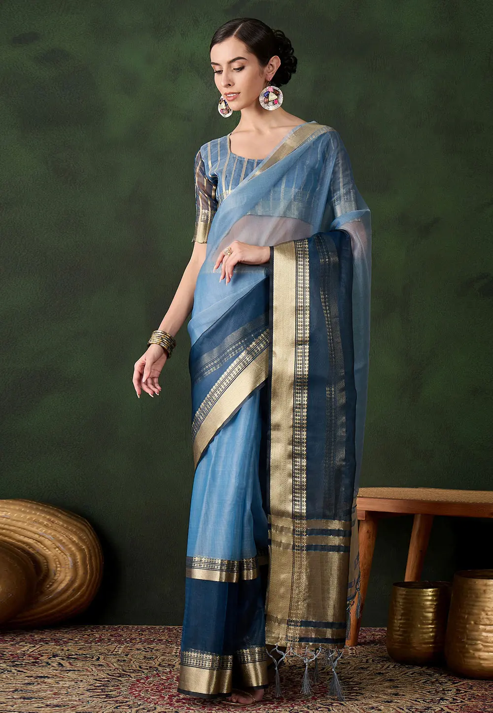 Blue Khadi Saree With Blouse 299218