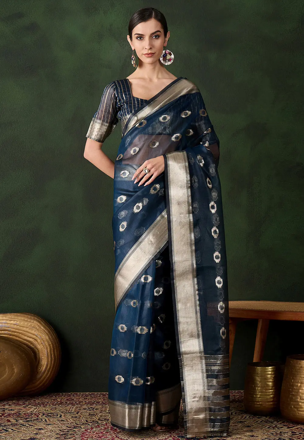 Blue Khadi Saree With Blouse 299228