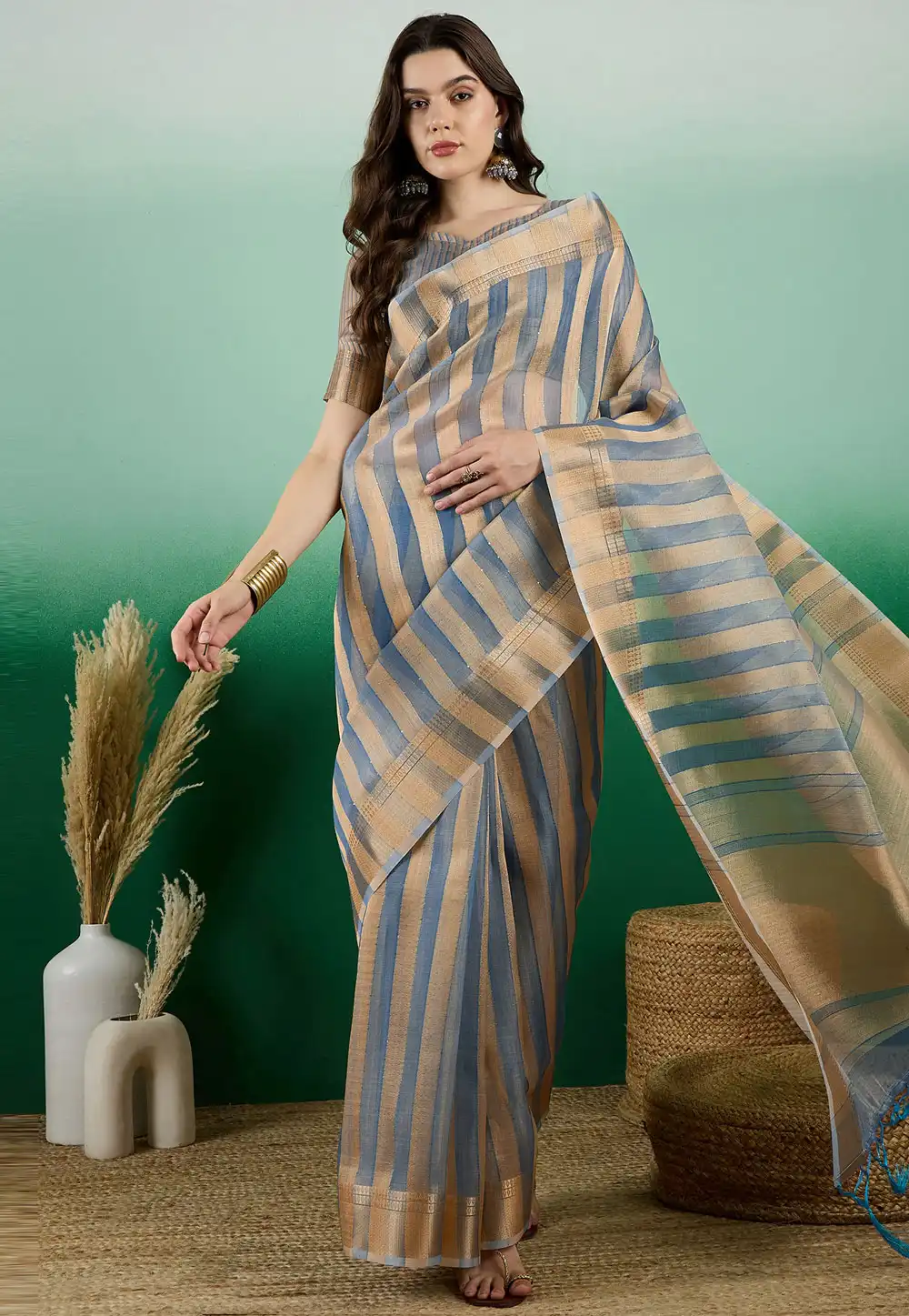 Blue Khadi Saree With Blouse 290217