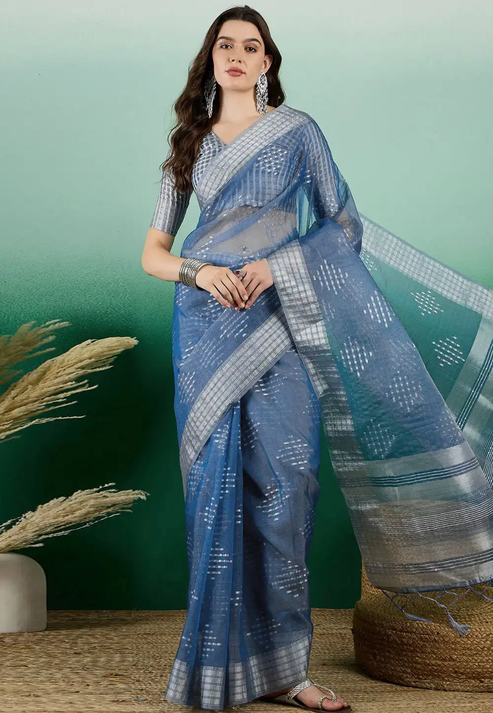 Blue Khadi Saree With Blouse 290234