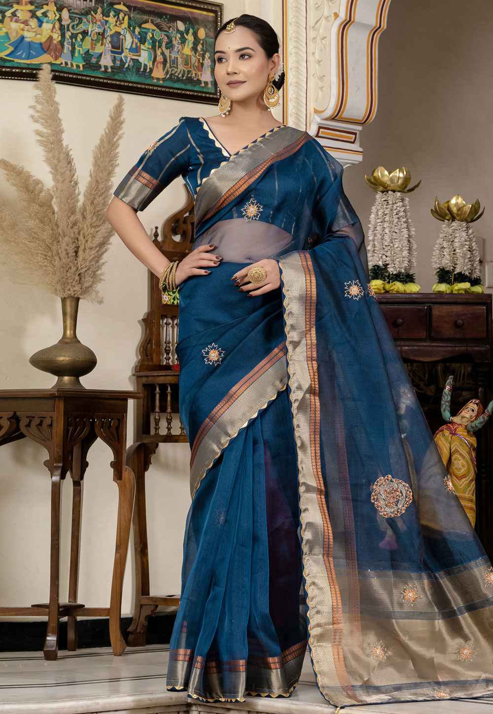 Blue Linen Saree With Blouse 310015