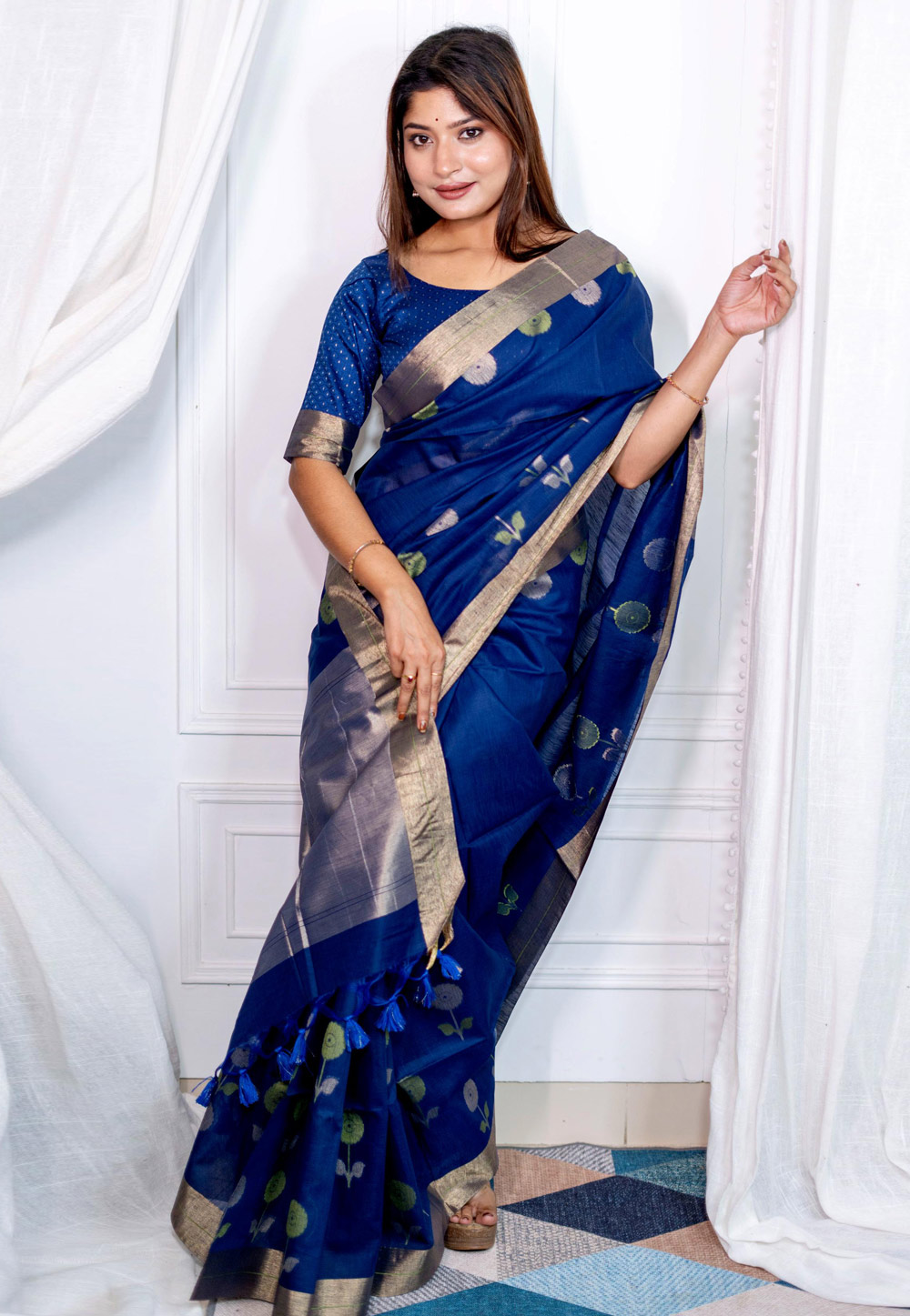 Blue Linen Saree With Blouse 280416