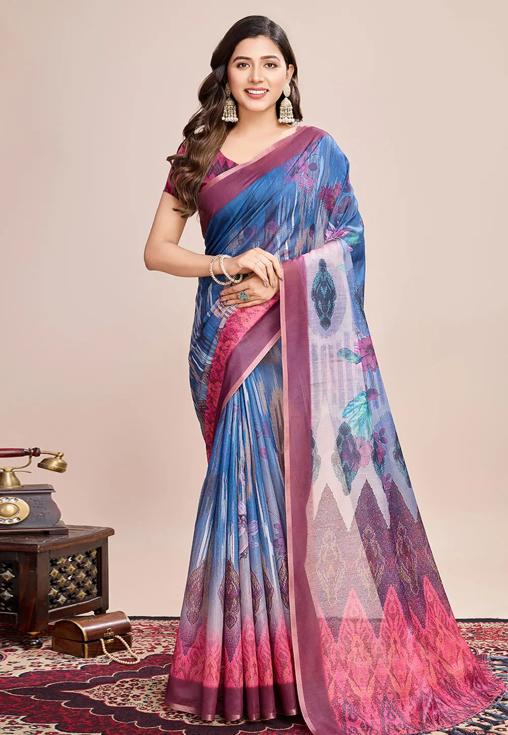 Blue Linen Saree With Blouse 300107