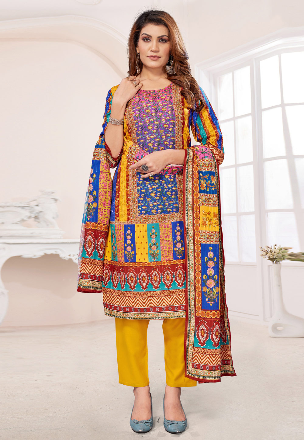 Blue Muslin Readymade Pant Style Suit 281281