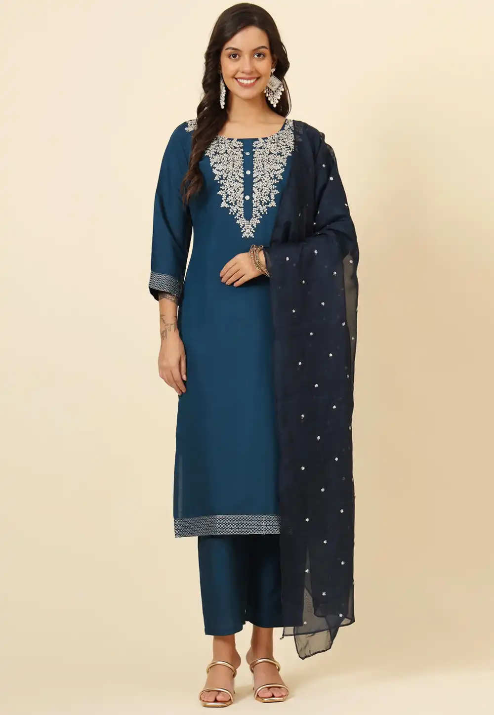 Blue Muslin Readymade Pant Style Suit 294260