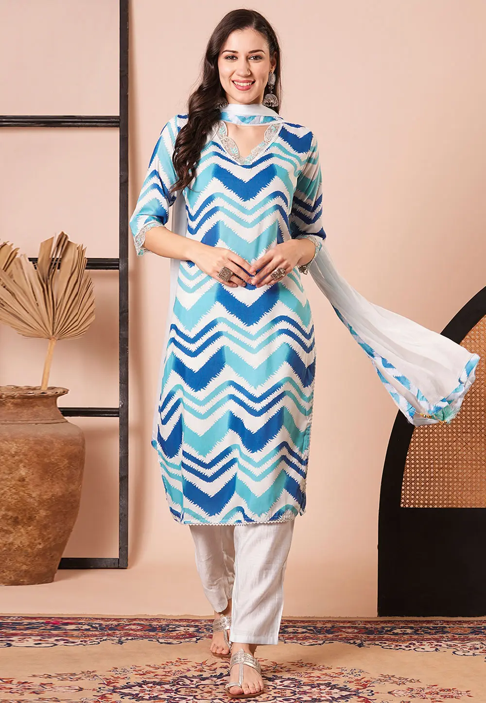 Blue Muslin Readymade Pant Style Suit 300348