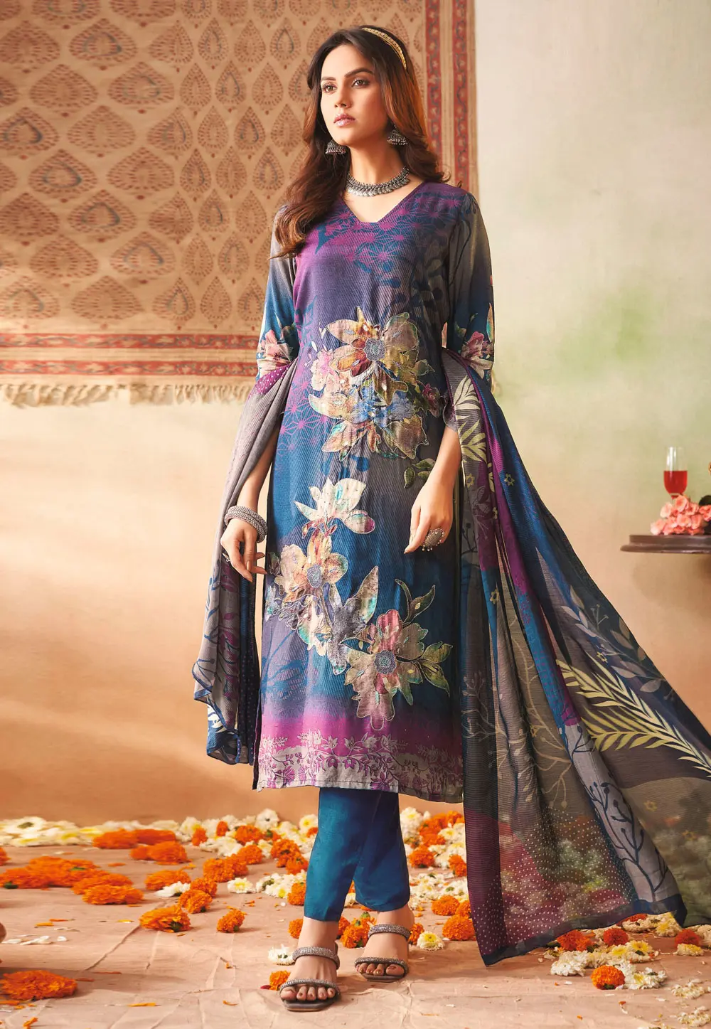 Blue Muslin Straight Suit 304416