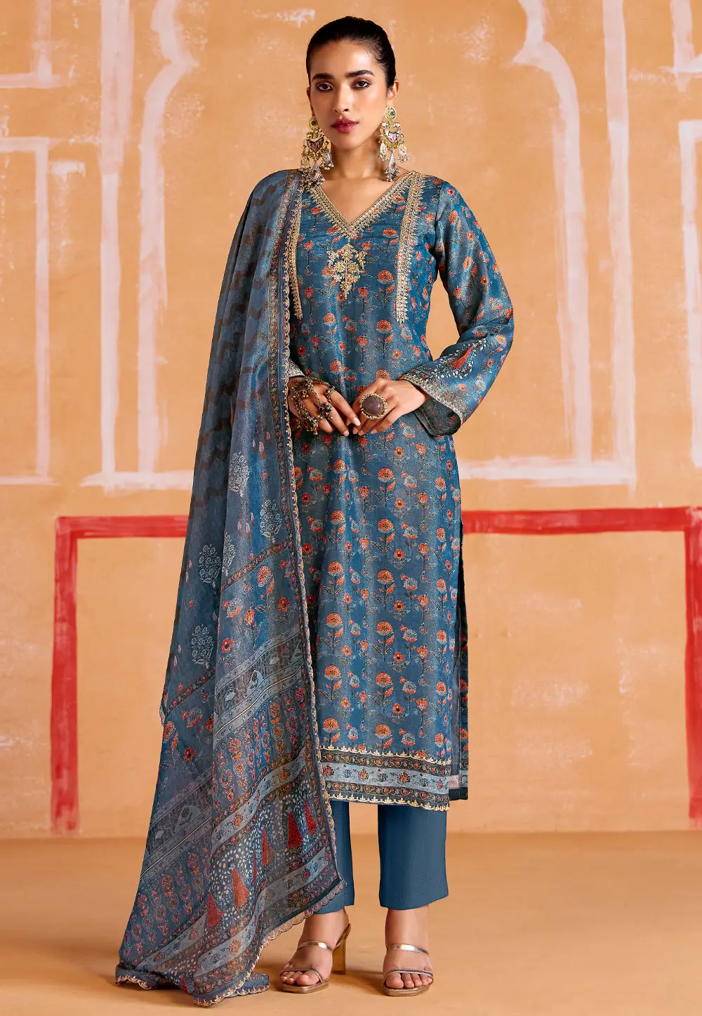 Blue Muslin Straight Suit 302328